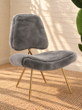 Load image into Gallery viewer, Freya soft gray furry lounge chair with curved padded seat and polished gold metal toothpick legs
