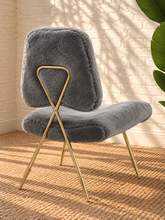Load image into Gallery viewer, Freya soft gray furry lounge chair with curved padded seat and polished gold metal toothpick legs
