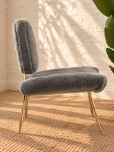Load image into Gallery viewer, Freya soft gray furry lounge chair with curved padded seat and polished gold metal toothpick legs
