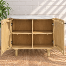 Load image into Gallery viewer, Frida sand mango wood bar cabinet with curved fluted doors, black knobs, rounded legs, and white marble top
