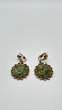 Load image into Gallery viewer, Vintage Green Stone Mosaic Clip-On Earrings with Gold-Tone Filigree
