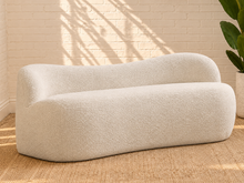Load image into Gallery viewer, Ginny upholstered dining bench in Cloud Ivory bouclé with curved back and rounded contemporary silhouette
