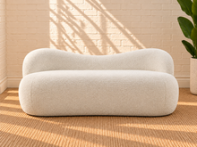 Load image into Gallery viewer, Ginny upholstered dining bench in Cloud Ivory bouclé with curved back and rounded contemporary silhouette
