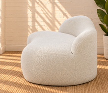 Load image into Gallery viewer, Ginny upholstered dining bench in Cloud Ivory bouclé with curved back and rounded contemporary silhouette
