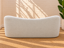 Load image into Gallery viewer, Ginny upholstered dining bench in Cloud Ivory bouclé with curved back and rounded contemporary silhouette
