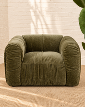 Load image into Gallery viewer, Greta moss green upholstered accent chair with oversized square arms, gathered fabric detailing, tight seat and low lounge silhouette.
