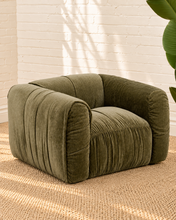 Load image into Gallery viewer, Greta moss green upholstered accent chair with oversized square arms, gathered fabric detailing, tight seat and low lounge silhouette.
