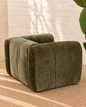 Load image into Gallery viewer, Greta moss green upholstered accent chair with oversized square arms, gathered fabric detailing, tight seat and low lounge silhouette.
