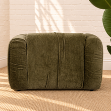 Load image into Gallery viewer, Greta moss green upholstered accent chair with oversized square arms, gathered fabric detailing, tight seat and low lounge silhouette.
