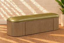 Load image into Gallery viewer, Gwen Walnut dining bench with storage drawers upholstered in Desert Olive vegan leather
