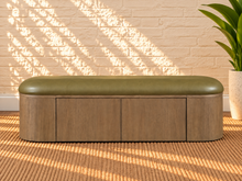 Load image into Gallery viewer, Gwen Walnut dining bench with storage drawers upholstered in Desert Olive vegan leather
