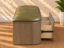 Load image into Gallery viewer, Gwen Walnut dining bench with storage drawers upholstered in Desert Olive vegan leather
