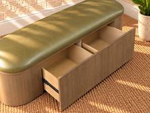 Load image into Gallery viewer, Gwen Walnut dining bench with storage drawers upholstered in Desert Olive vegan leather
