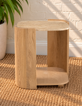 Load image into Gallery viewer, Hale marble top side table in Blonde Oak with genuine beige Taj Mahal marble and sculptural solid oak base
