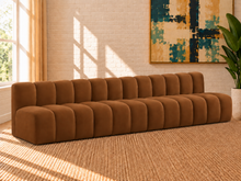 Load image into Gallery viewer, Hampton 4-piece sectional sofa in Caramel velvet with deep channel tufting, rounded cushions, modular configuration, and contemporary design.
