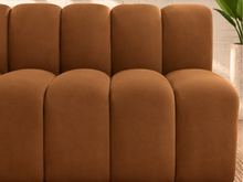 Load image into Gallery viewer, Hampton 4-piece sectional sofa in Caramel velvet with deep channel tufting, rounded cushions, modular configuration, and contemporary design.
