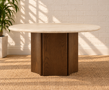Load image into Gallery viewer, Harper round dining table with veined marble top and warm oak vertically fluted cylindrical pedestal base.
