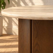 Load image into Gallery viewer, Harper round dining table with veined marble top and warm oak vertically fluted cylindrical pedestal base.
