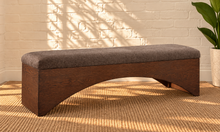 Load image into Gallery viewer, Heath Walnut dining bench upholstered in Cocoa Ash velour fur with sculptural arched wood frame

