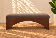 Load image into Gallery viewer, Heath Walnut dining bench upholstered in Cocoa Ash velour fur with sculptural arched wood frame
