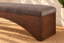Load image into Gallery viewer, Heath Walnut dining bench upholstered in Cocoa Ash velour fur with sculptural arched wood frame
