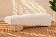 Load image into Gallery viewer, Hiera Blonde Oak dining bench upholstered in Cloud Ivory polyester fabric with sculptural wood base
