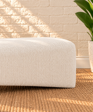 Load image into Gallery viewer, Hiera Blonde Oak dining bench upholstered in Cloud Ivory polyester fabric with sculptural wood base
