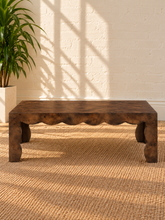 Load image into Gallery viewer, Hudson Espresso Mappa burl veneer coffee table with scalloped apron, curved sculptural legs, and richly figured natural wood grain.
