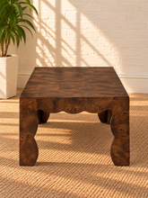 Load image into Gallery viewer, Hudson Espresso Mappa burl veneer coffee table with scalloped apron, curved sculptural legs, and richly figured natural wood grain.
