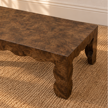 Load image into Gallery viewer, Hudson Espresso Mappa burl veneer coffee table with scalloped apron, curved sculptural legs, and richly figured natural wood grain.
