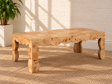Load image into Gallery viewer, Hudson Latte Mappa burl veneer coffee table with scalloped apron, sculptural curved legs, and natural burl wood grain.
