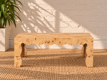Load image into Gallery viewer, Hudson Latte Mappa burl veneer coffee table with scalloped apron, sculptural curved legs, and natural burl wood grain.
