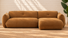 Load image into Gallery viewer, Hugh two-piece sectional sofa upholstered in textured camel brown chunky woven chenille with broad cushions and rounded arms.
