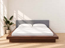 Load image into Gallery viewer, Hugo Queen platform bed with rich Walnut wood frame and Slate Gray upholstered rectangular headboard.
