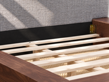 Load image into Gallery viewer, Hugo Queen platform bed with rich Walnut wood frame and Slate Gray upholstered rectangular headboard.
