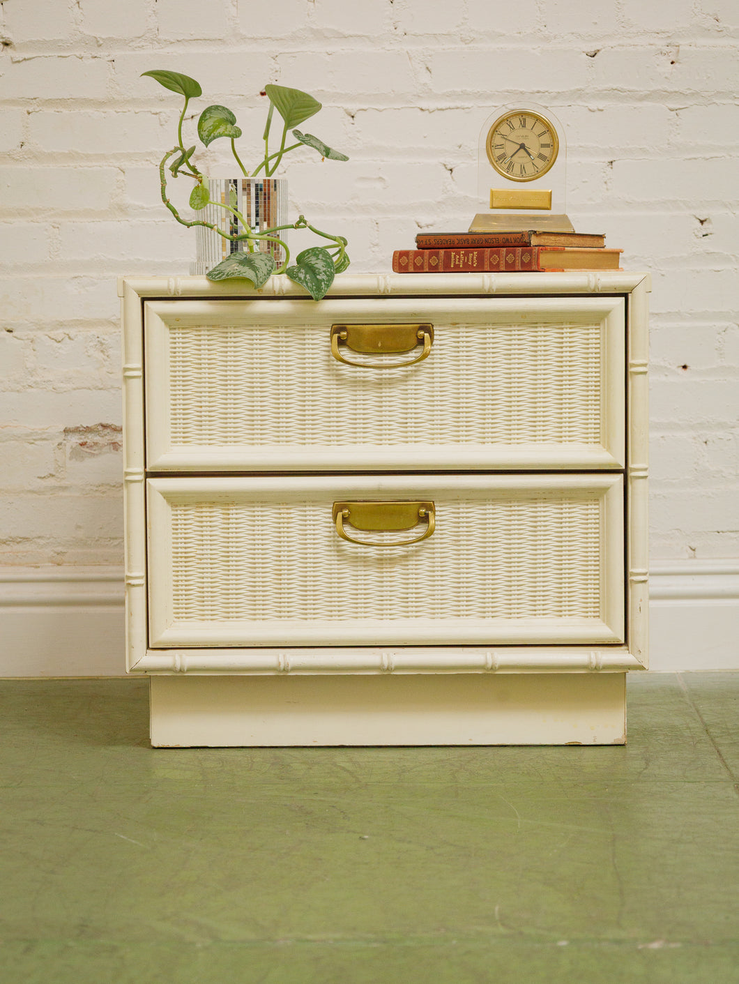 White Vintage Bamboo Nightstand