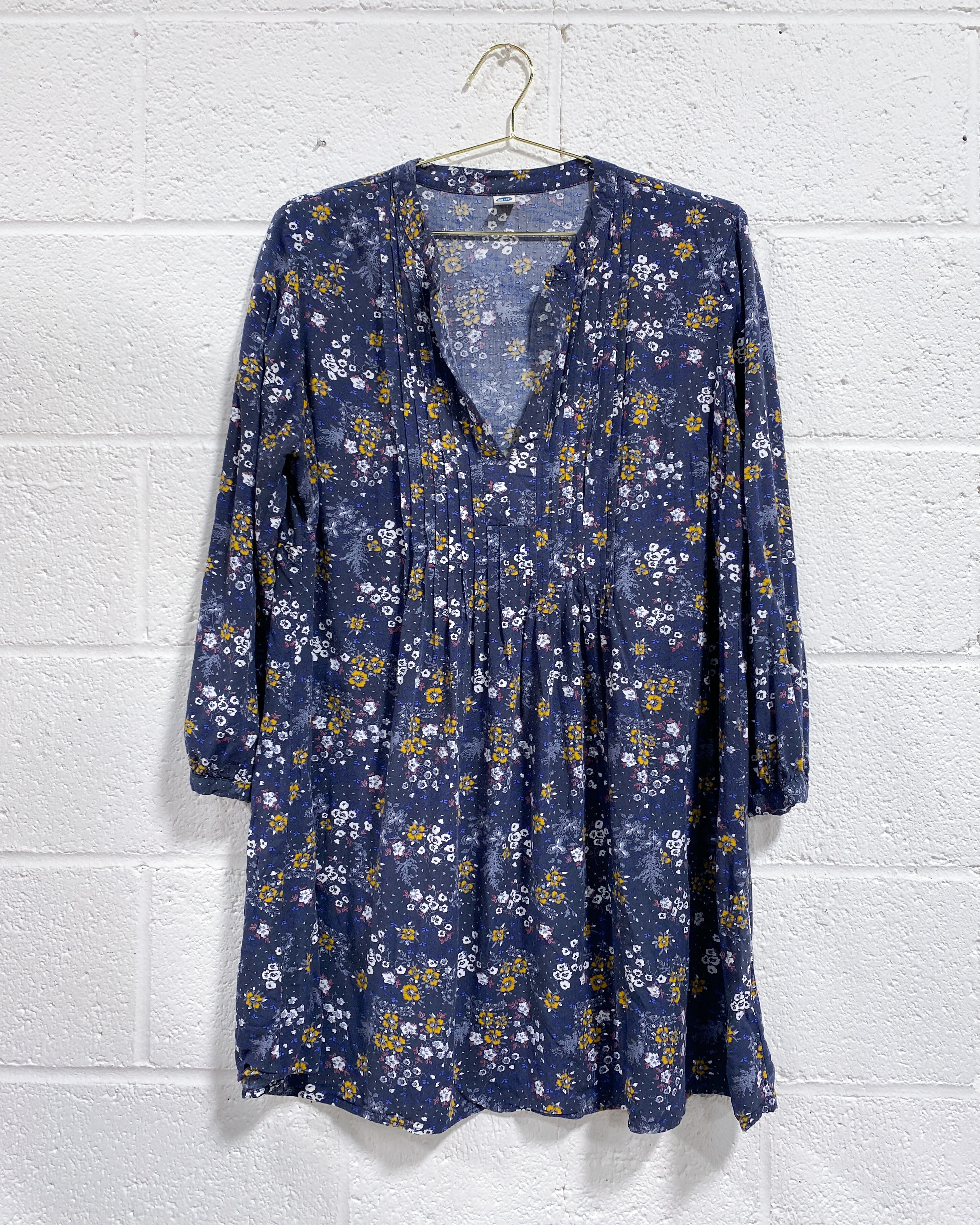 old navy blue floral long sleeve dress Unique Bargains Women's Floral V Neck Cinched Waist Long Sleeve Dress M Navy Blue, Size: Medium