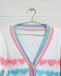 White Cardigan with Pink and Blue Hearts (L)