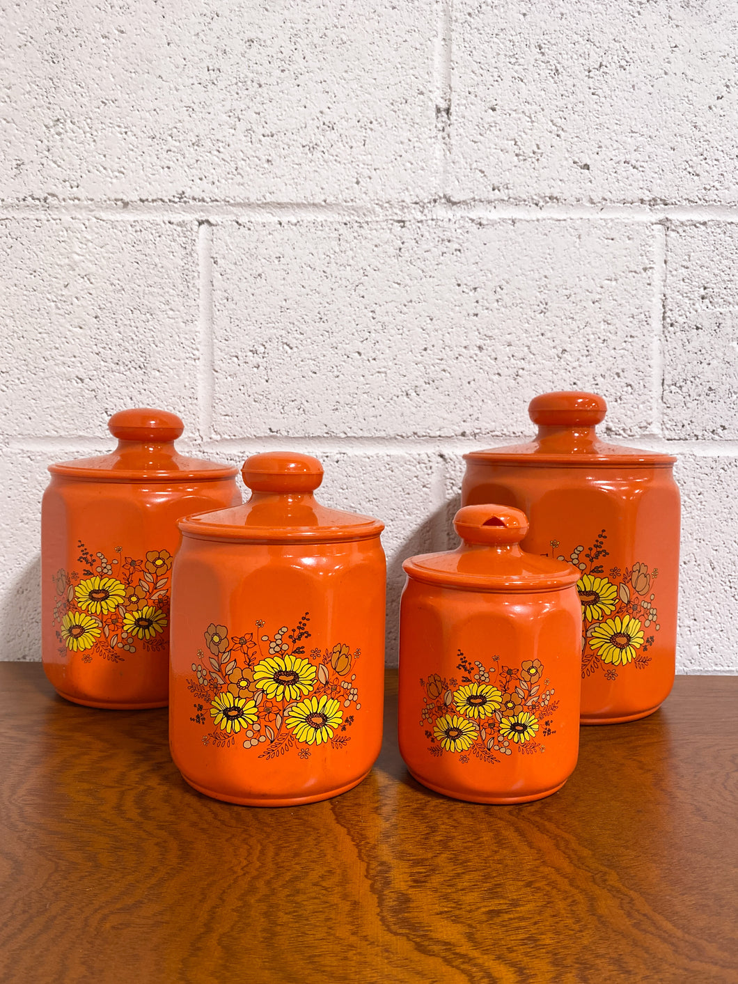Vintage Orange Floral Canisters - Set of 4