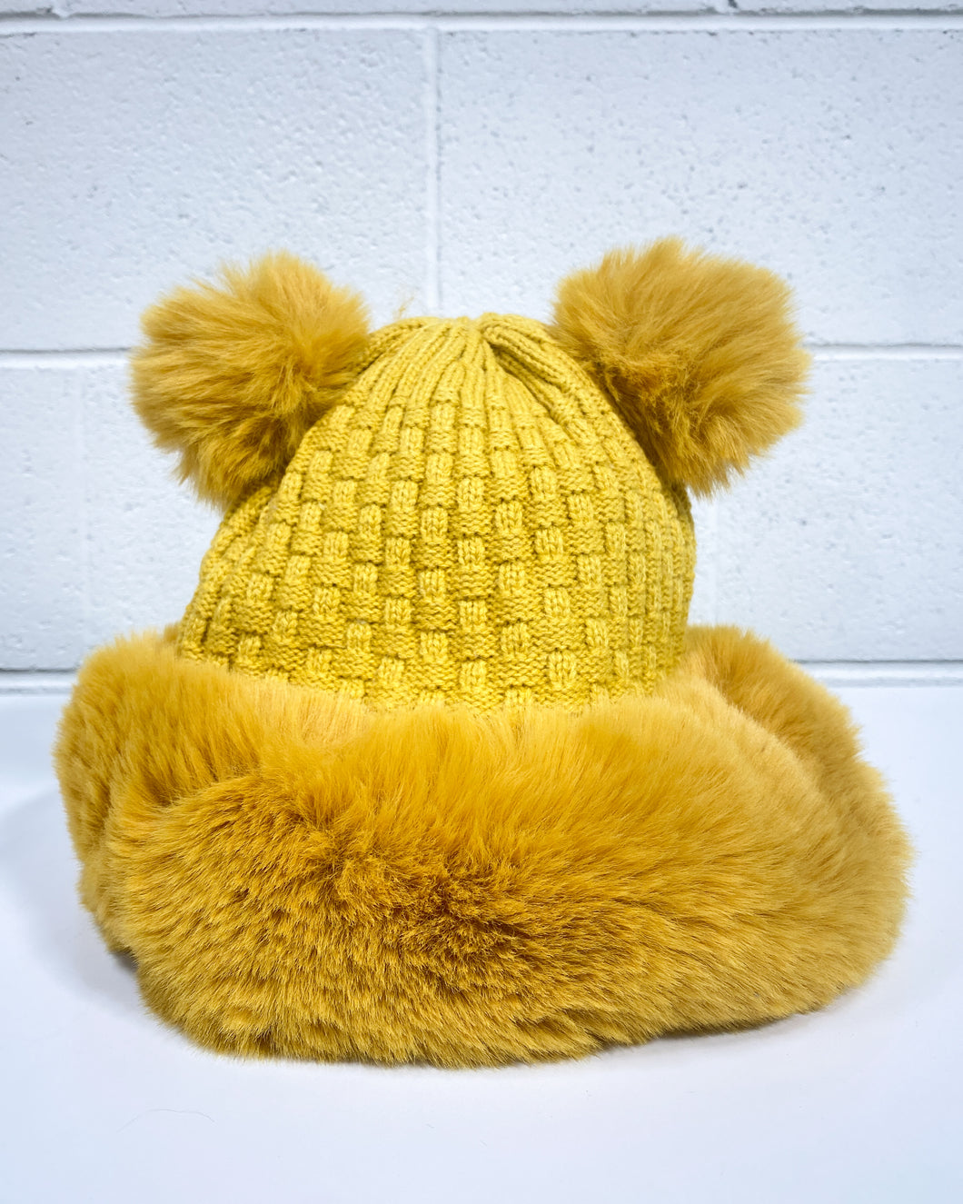 Mustard Furry Beanie with Pom Poms