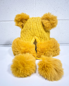 Mustard Furry Beanie with Pom Poms