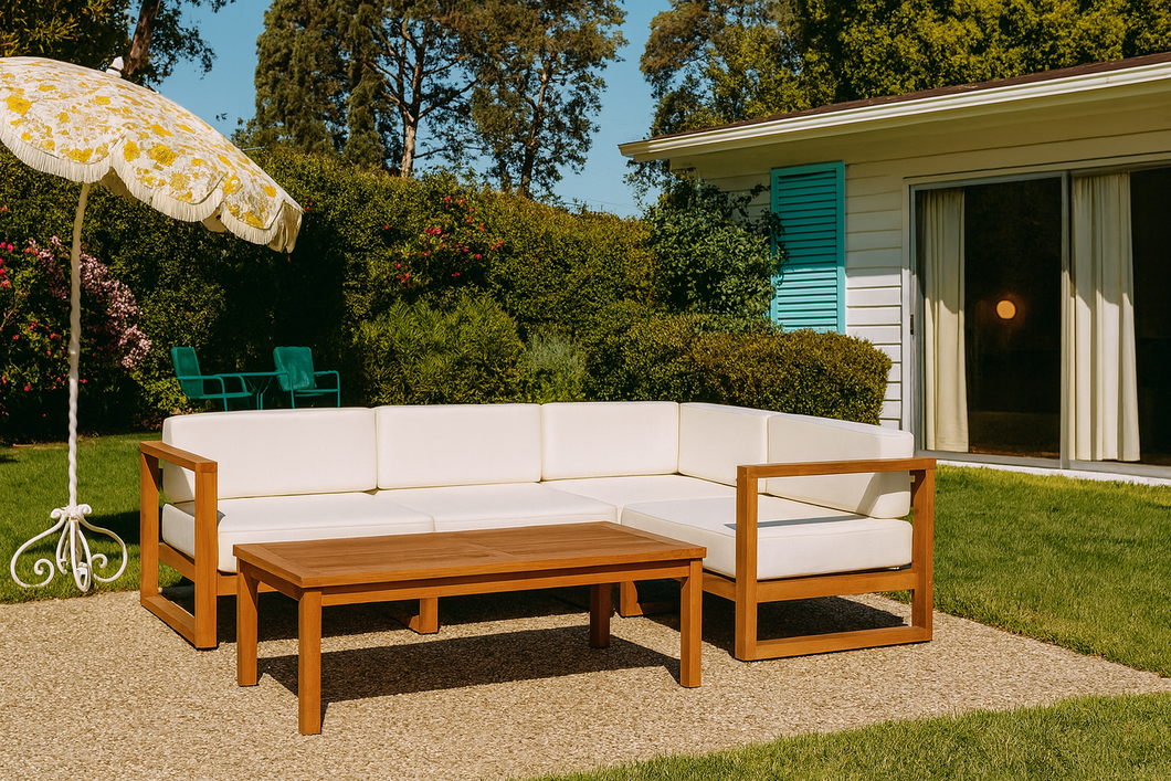 Mareena Outdoor Teak Sectional Sofa with Coffee Table