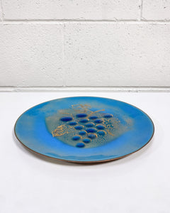 Vintage Turquoise and Gold Enamel Plate with Grape Motif
