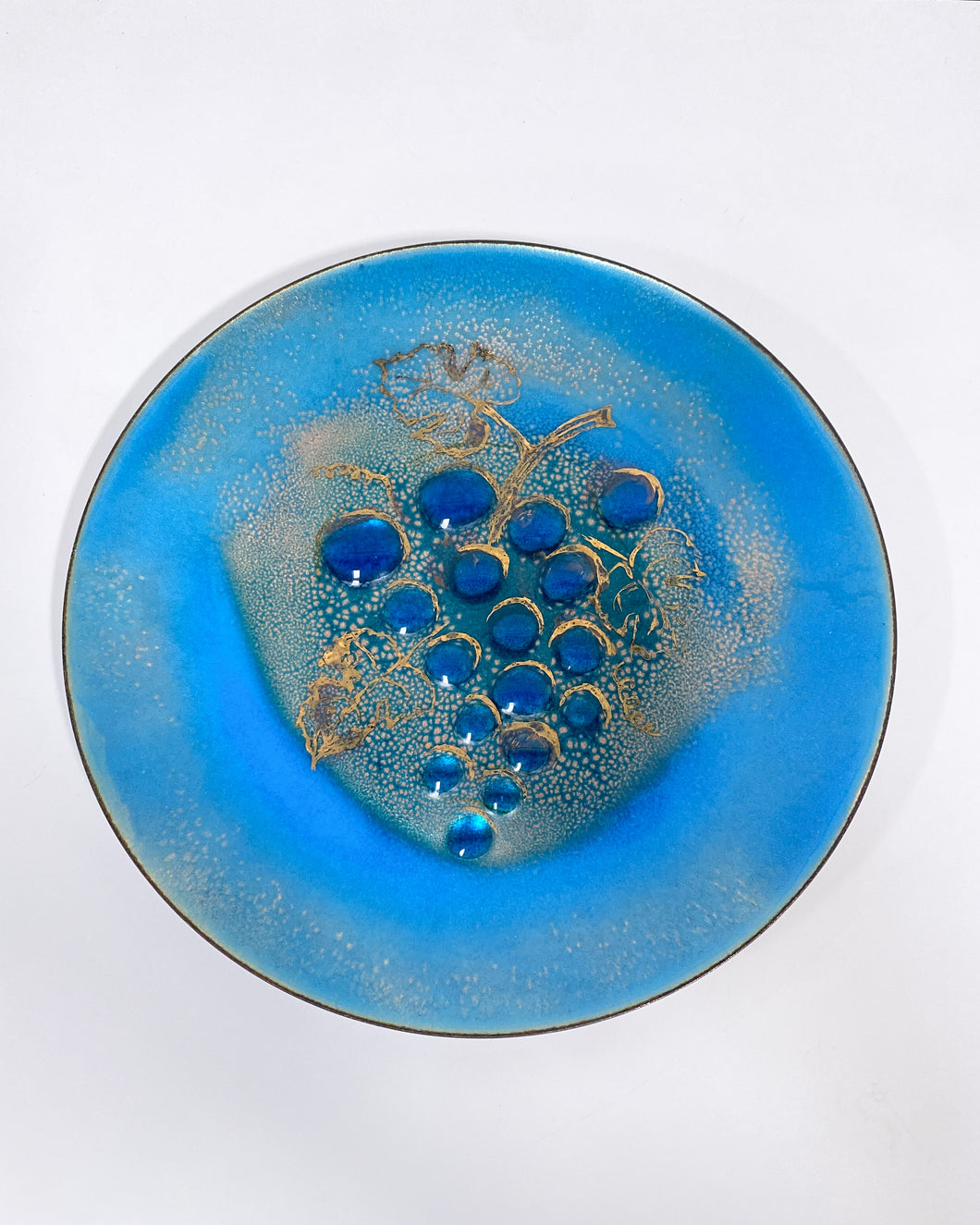 Vintage Turquoise and Gold Enamel Plate with Grape Motif