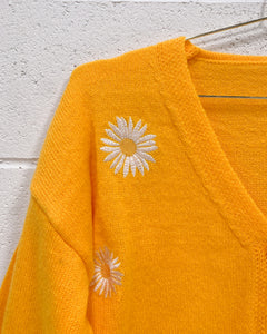 Bright Yellow Orange Cardigan with Flowers (L)
