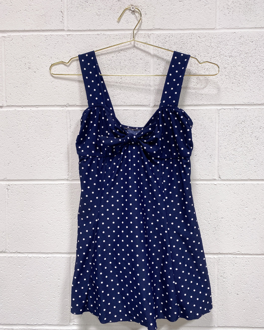 Vintage Navy Blue and White Polka Dot Bathing Suit with Skirt