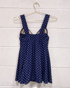 Vintage Navy Blue and White Polka Dot Bathing Suit with Skirt
