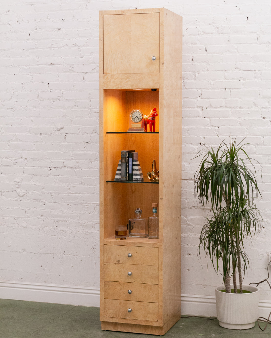 Birds Eye Maple Narrow Display Cabinet with Drawers