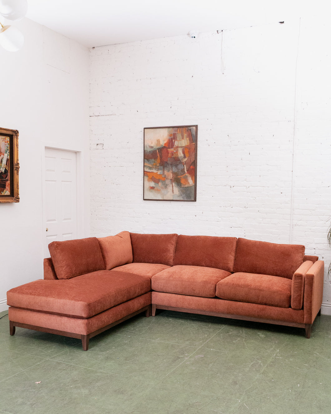 Lisette 3 Piece (RAF sofa, corner unit and LAF bumper chaise) in burnt orange