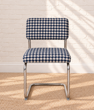 Load image into Gallery viewer, 70s Style Chrome Cantilever Dining Chair in Navy Houndstooth Chenille
